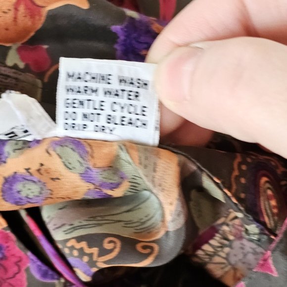 VTG 80s 90s L Green Floral‎ Longsleeve Blouse Colorful Collared Smocked Waist - Picture 7 of 8